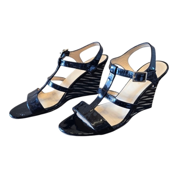 Kate Spade Illie Shiny Black Patent Leather Wedge Sandals 8.5 - Picture 2 of 11